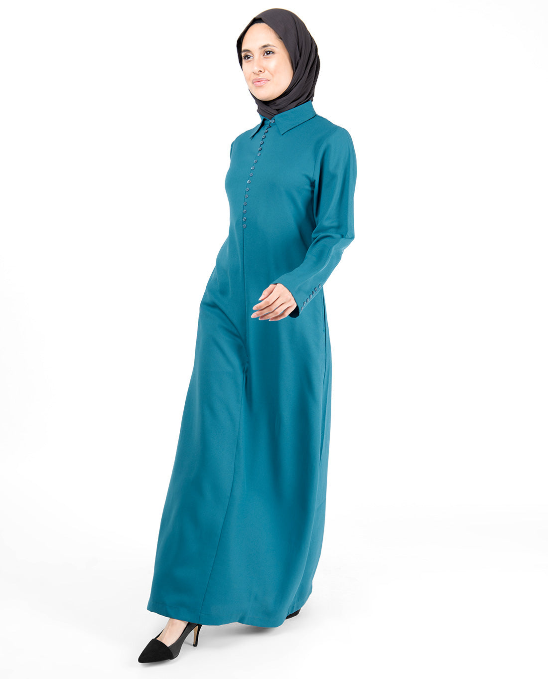 Deep Teal Fabric Button Abaya