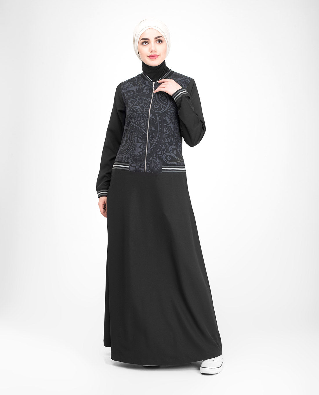 Black Paisley Zip Down Flared Jilbab