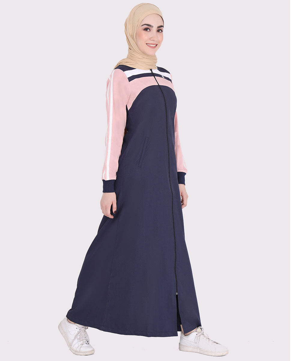 Navy Blue and Rose Pink Zip Opening Jilbab