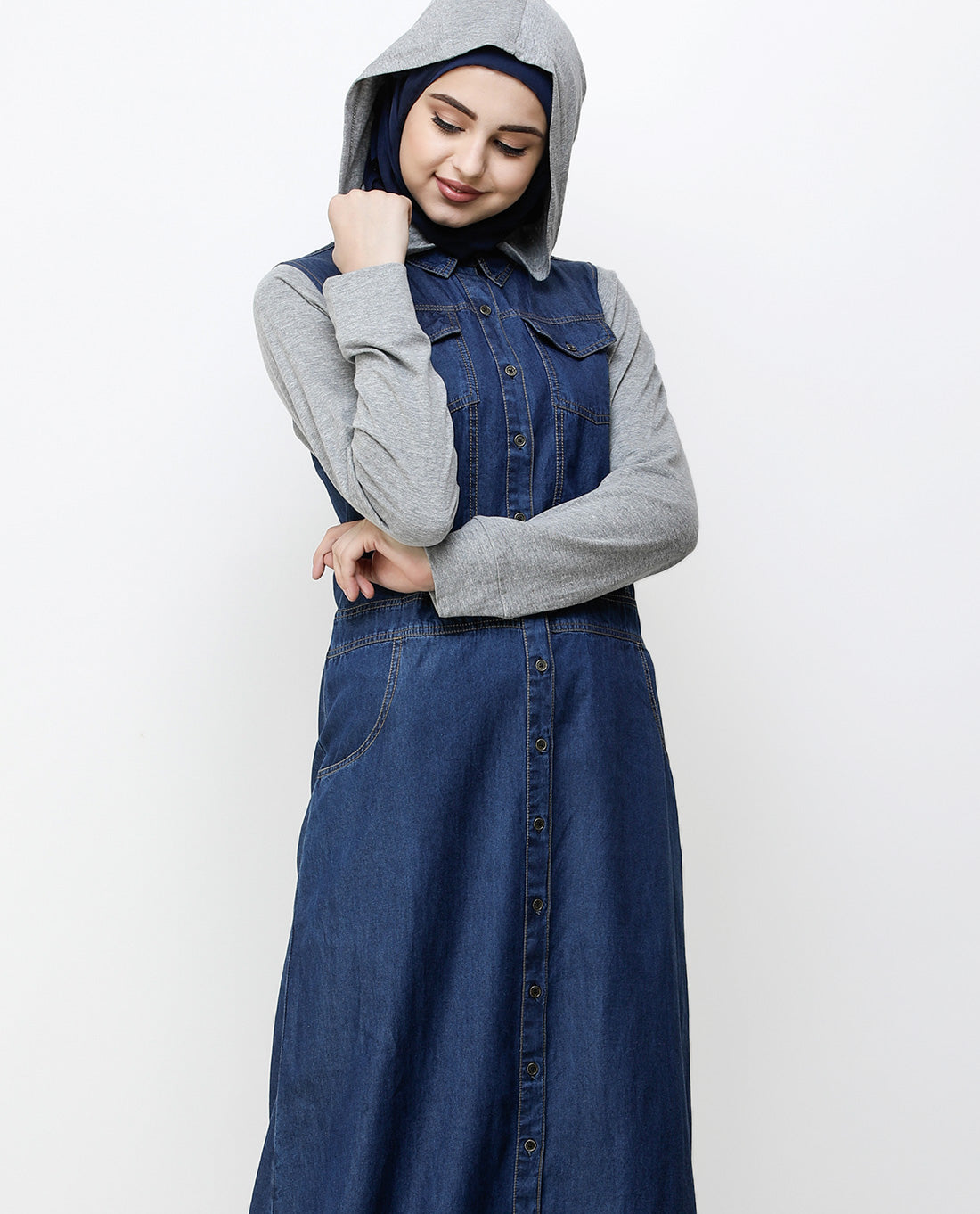 Blue Denim Detachable Hoodie Full Front Open Jilbab