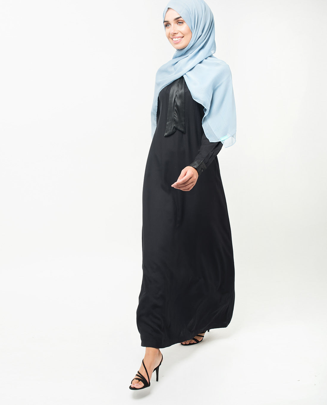 Satin Neck Tie Up Black Abaya