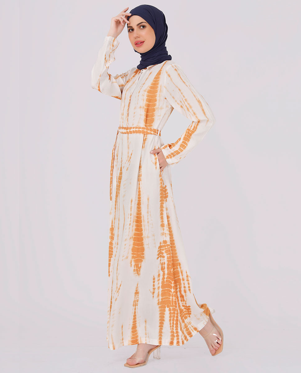 Brown And White Tie And Dye Printed Jilbab