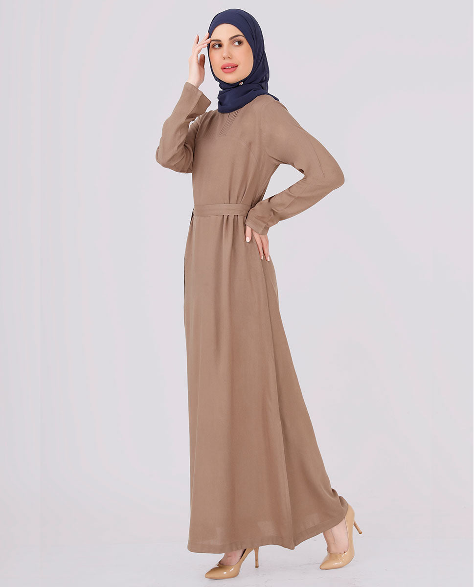 Khaki Brown Belted Rayon Abaya