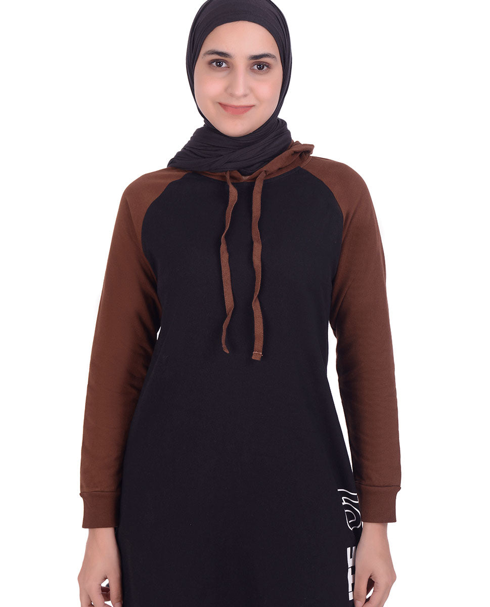 Black & Brown Raglan Hoody With Print