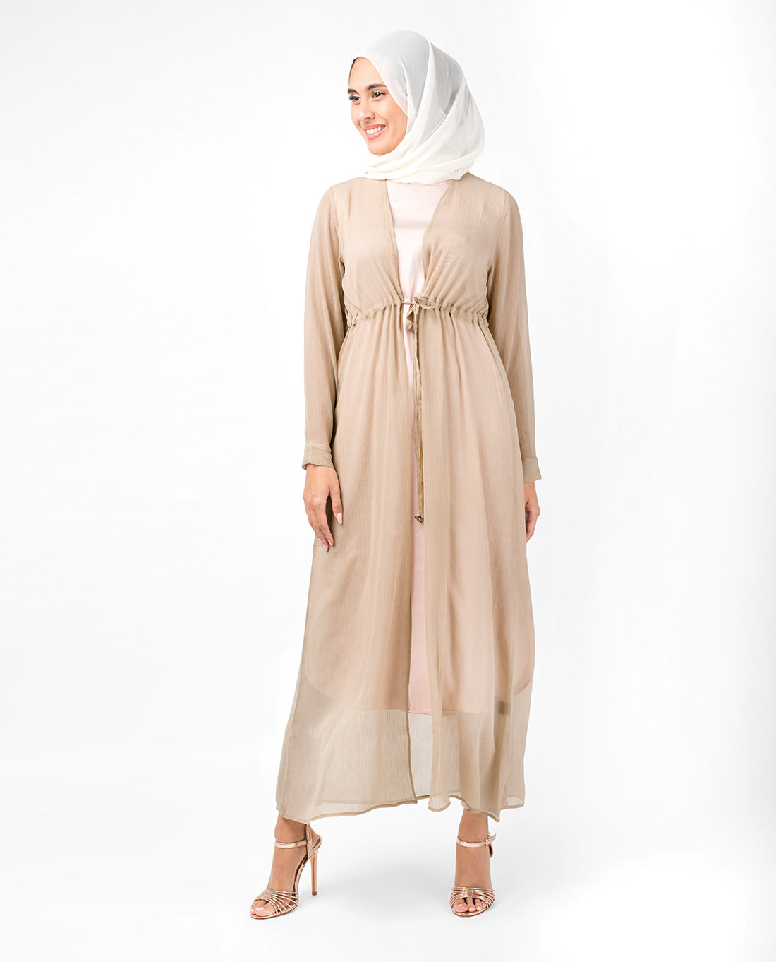 Beige Waist Tie Up Outerwear