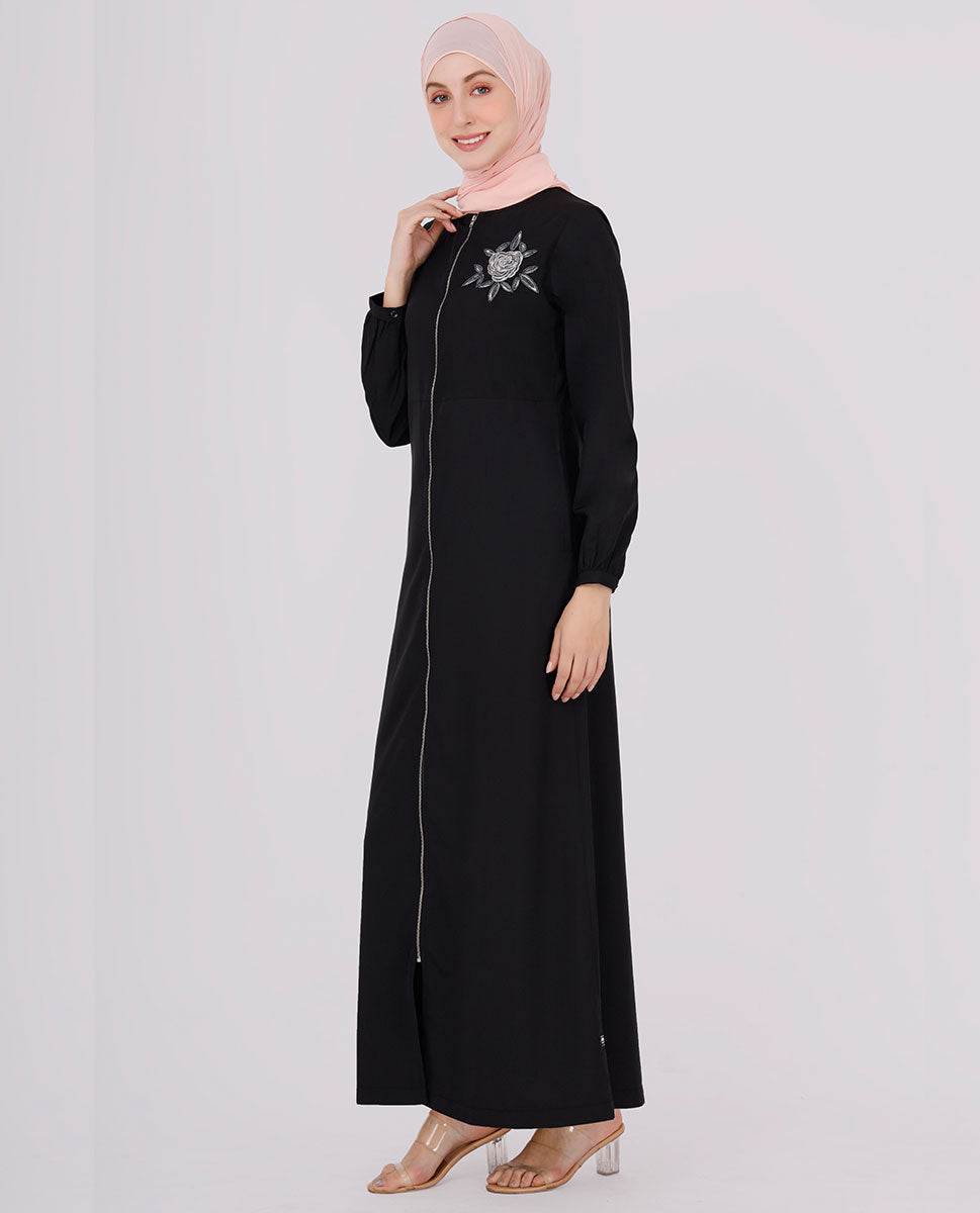 Full Front Open Black Embroidered Jilbab