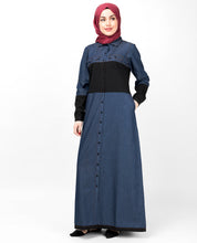 Blue & Black Full Front Open Denim Abaya