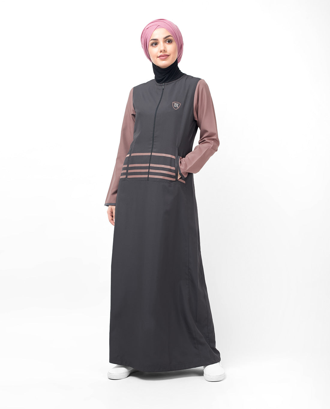 Grey Long Zip & Contrast Sleeve Abaya