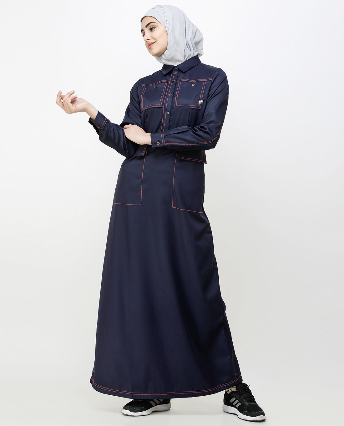 Navy Blue Patch Pockets Buttoned Jilbab