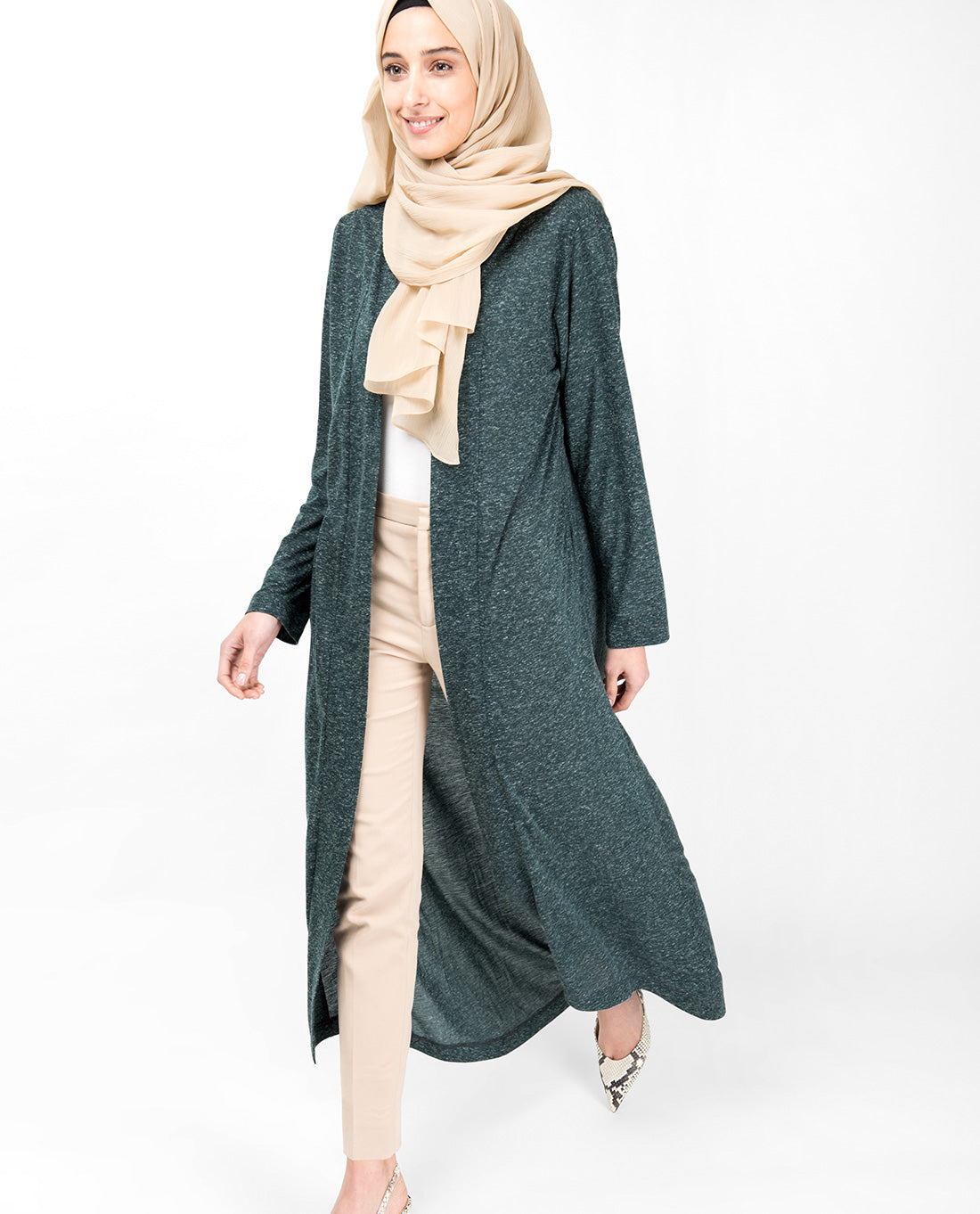 Green Slub Full Front Open Outerwear