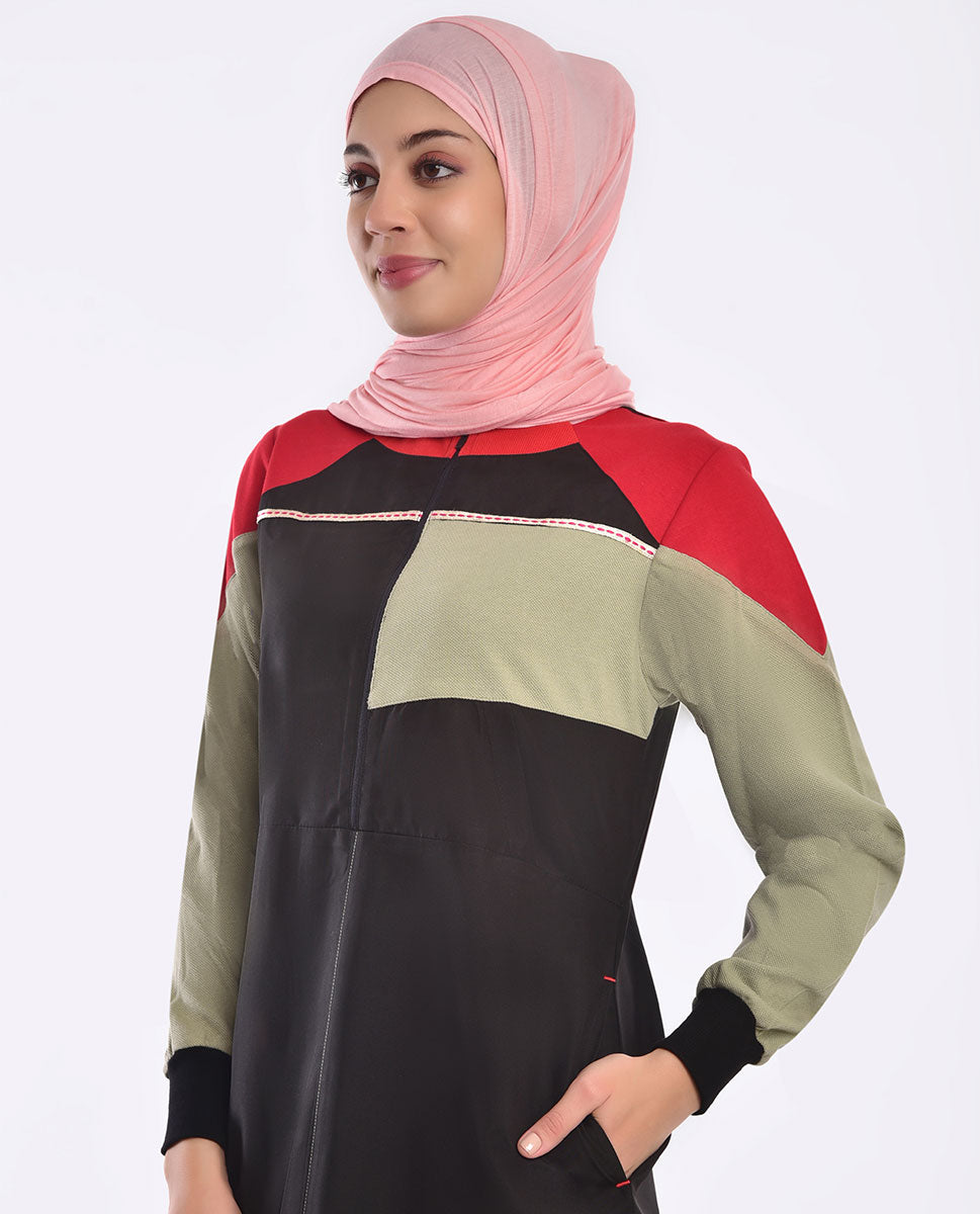 Red Highlights Black Color Block Jilbab