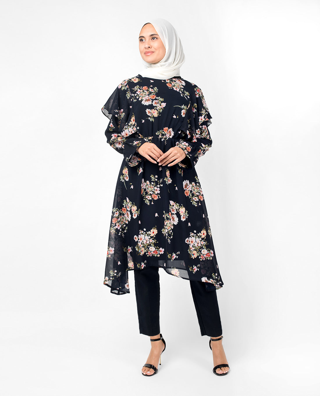 Navy Floral Handkerchief Boat Neck Midi Dress