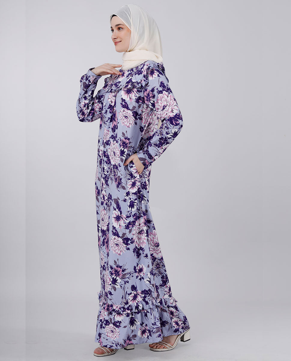 Puffed Shoulderf loral print  abaya - Rust