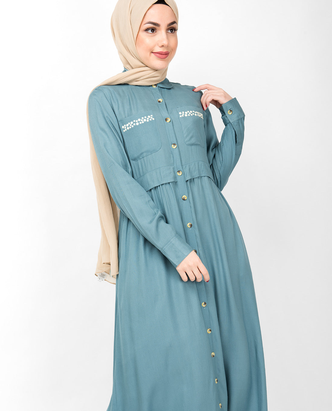 Smoke Blue Full Front Open Layered Abaya