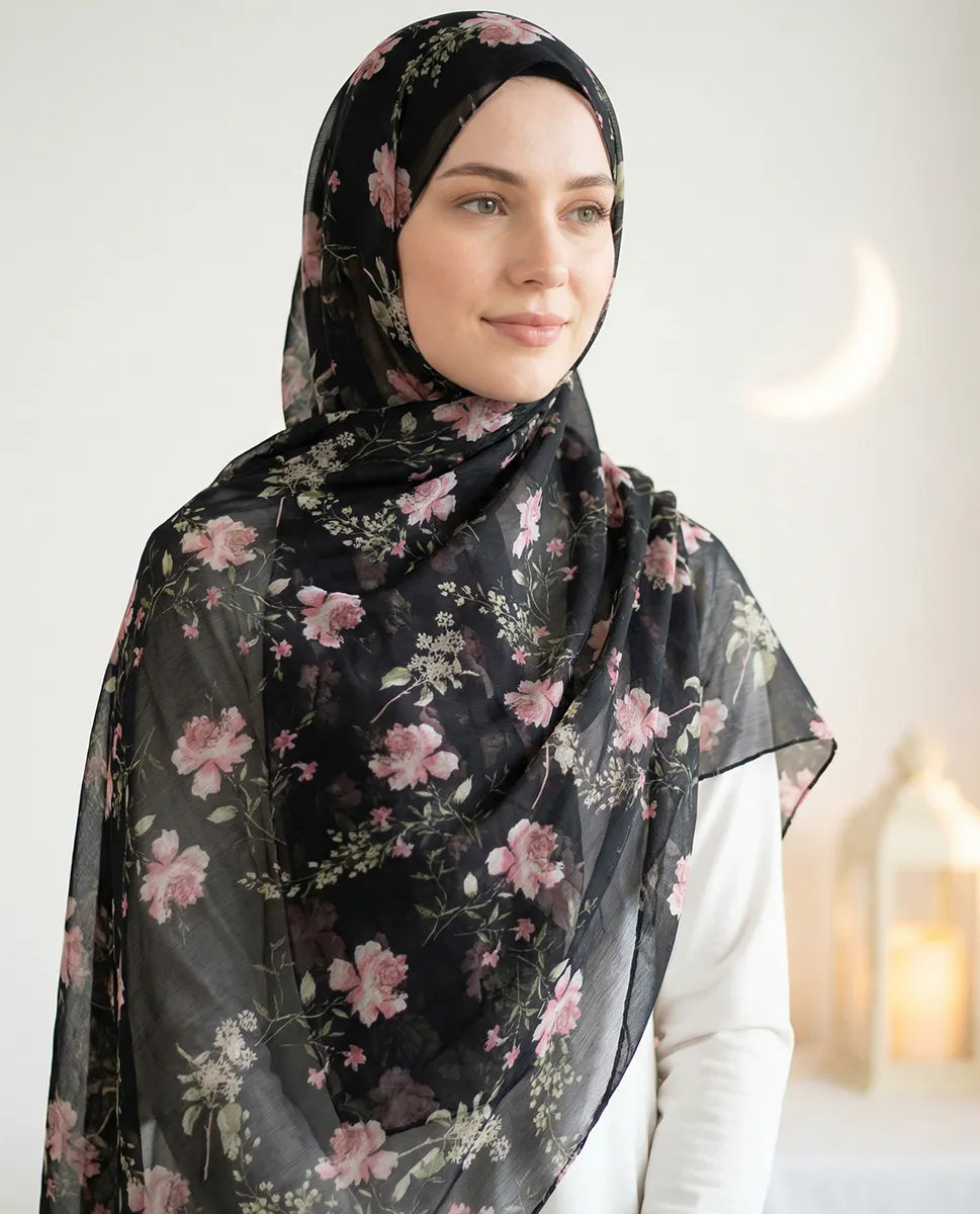 Midnight Blossom – Printed Georgette Hijab