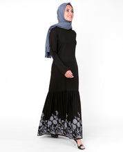 Black Floral Print Gathered Abaya