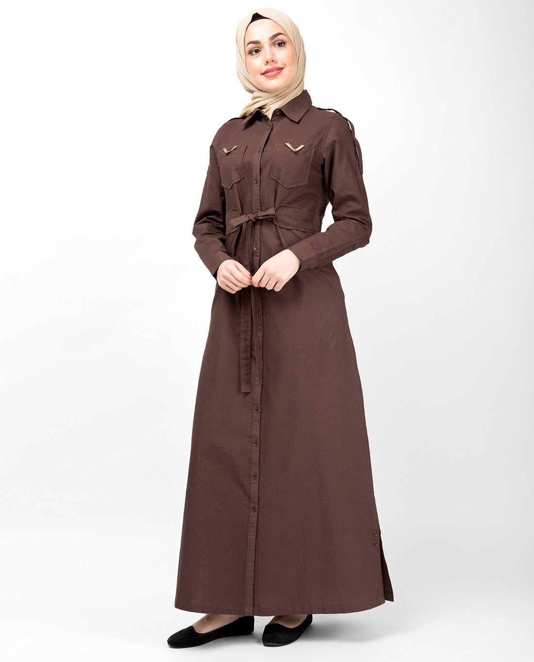 Full Front Open Shirt Collar Mustang Brown Abaya