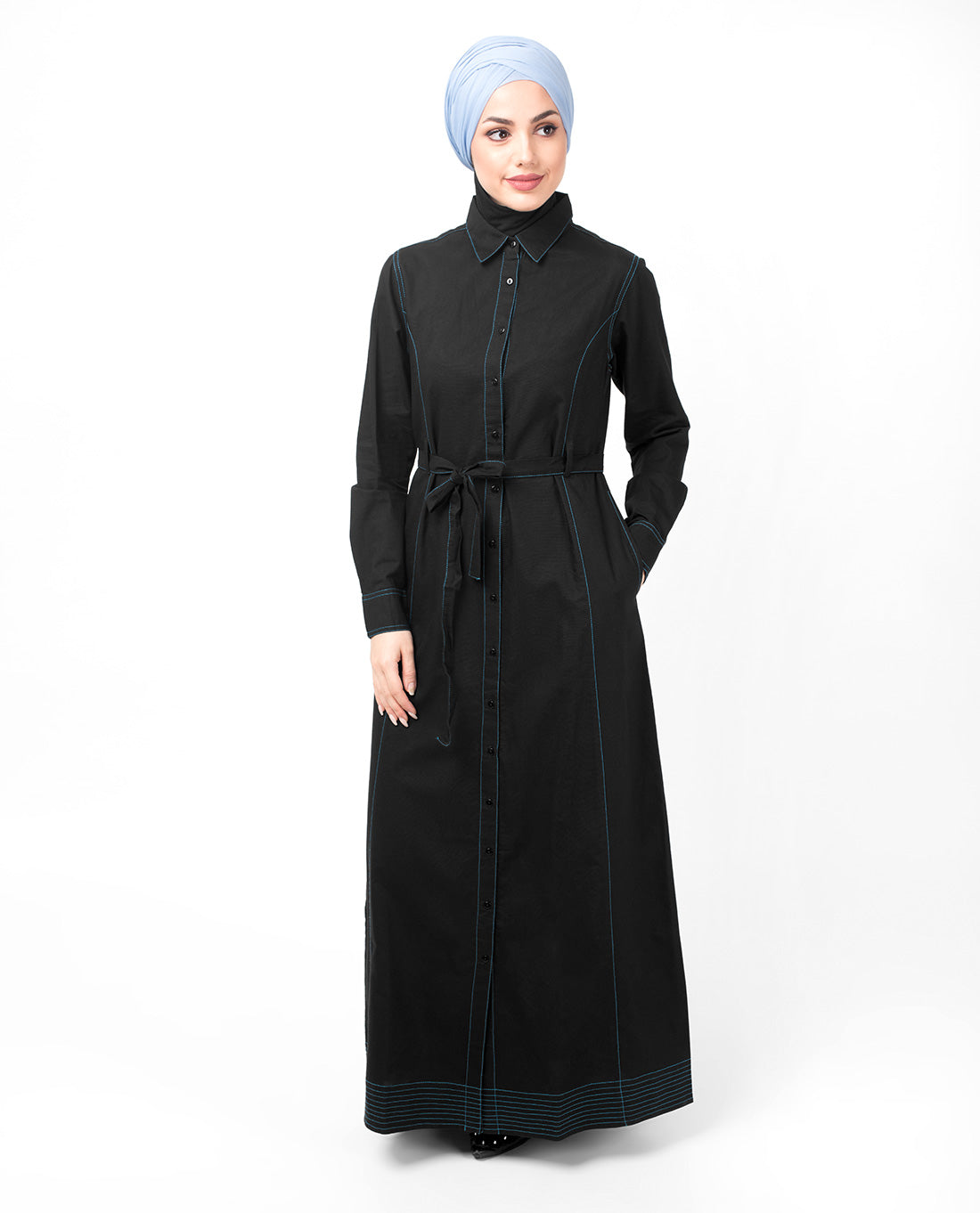 Full Front Open Black Waist Tie Up Abaya