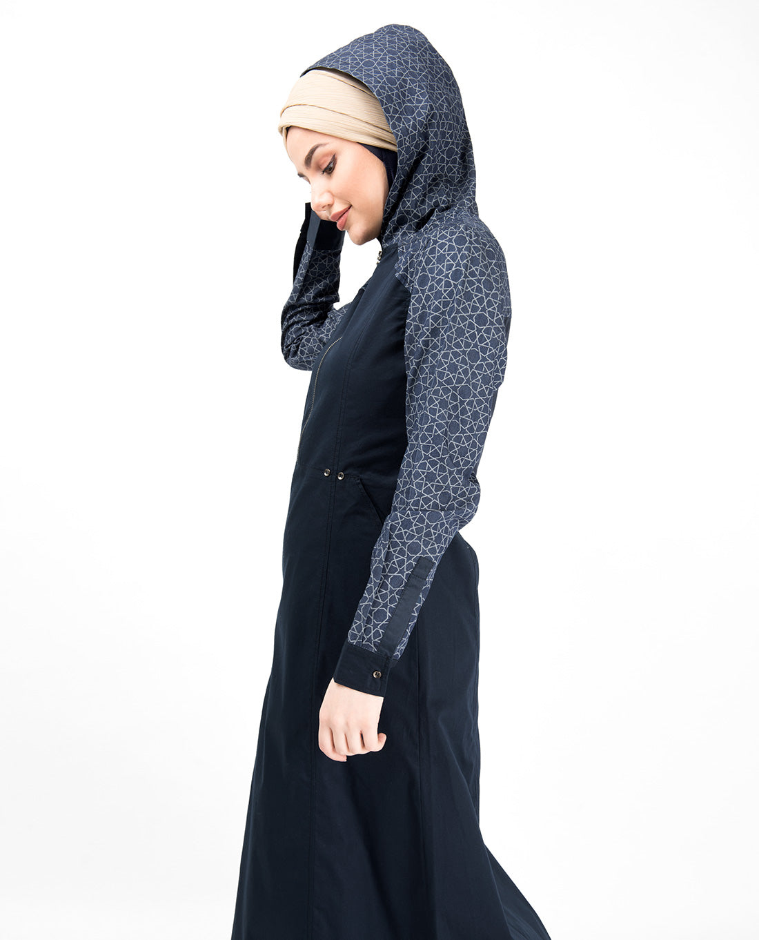 Blue Denim Hoodie Printed Abaya