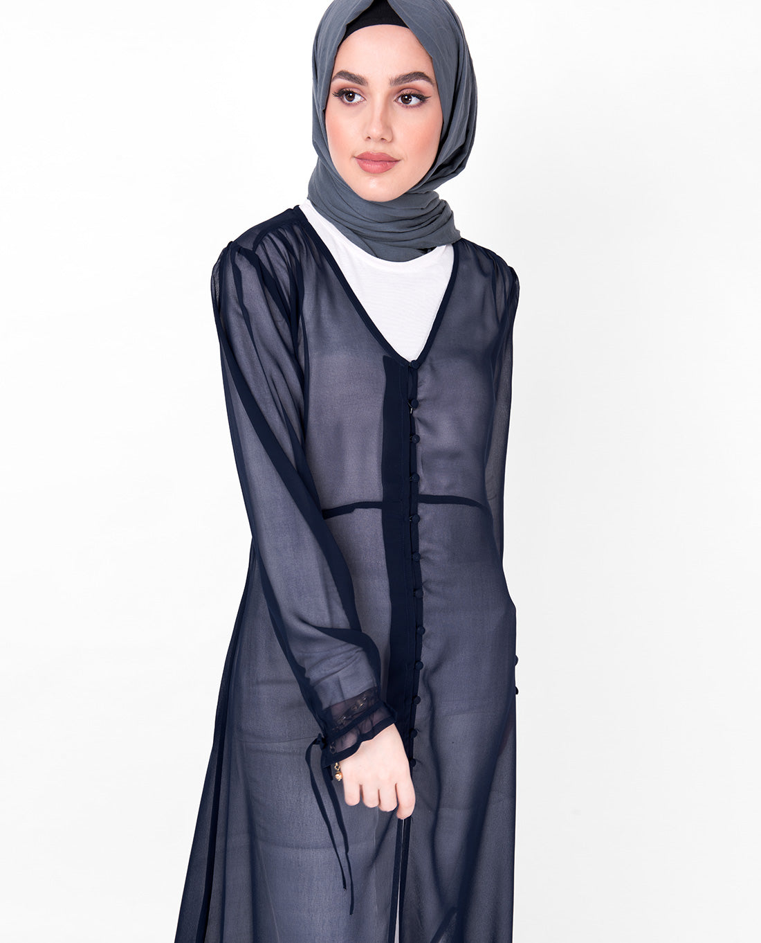 V Neck Navy Sheer Outerwear