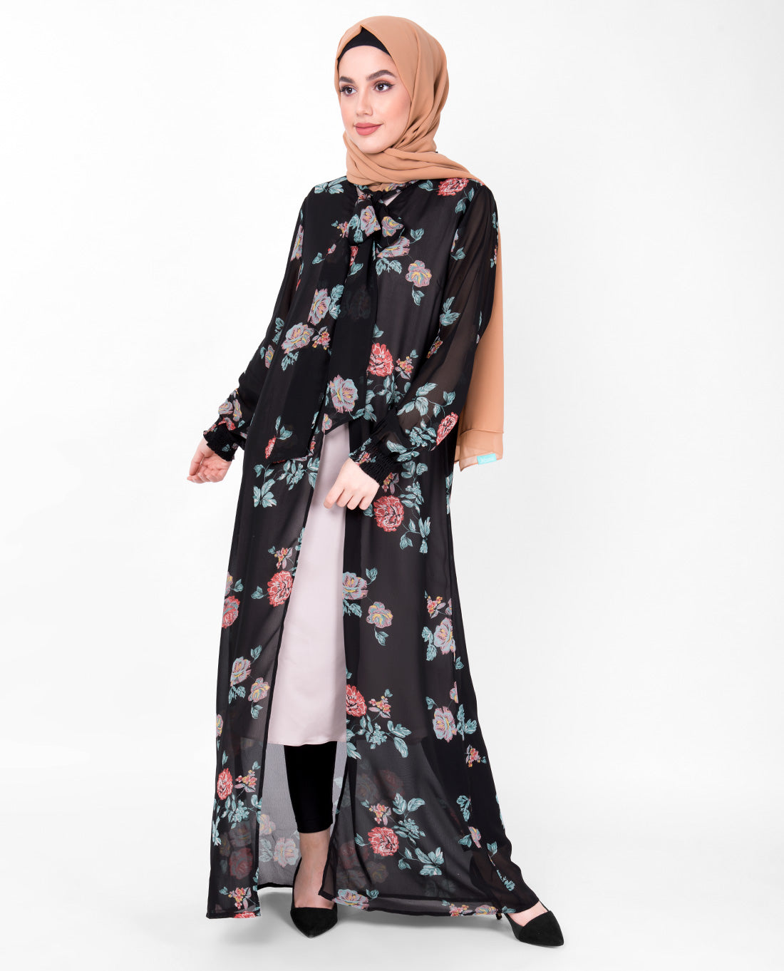 Black Floral Neck Tie Up Outerwear