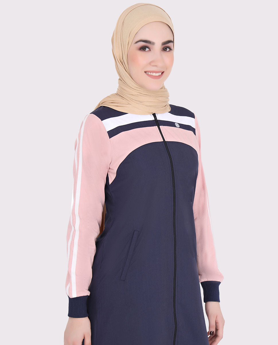 Navy Blue and Rose Pink Zip Opening Jilbab