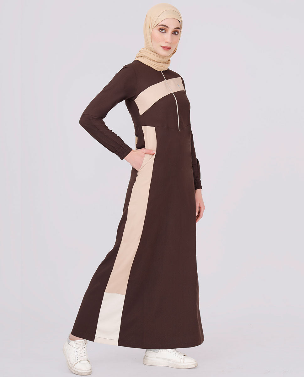 Round Neck Color Contrast Brown Jilbab