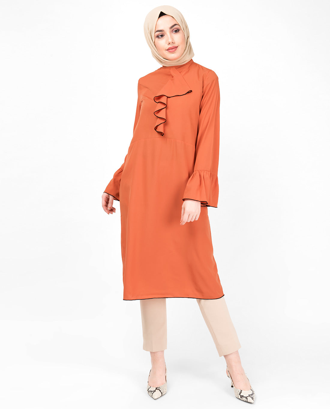 Arabesque Orange Ruffled Midi Dress