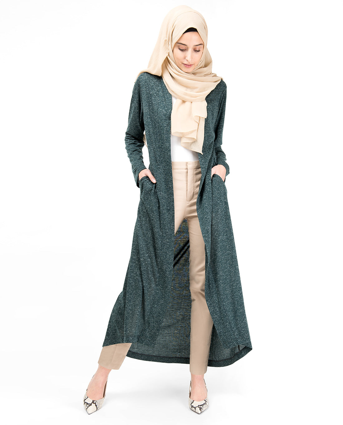 Green Slub Full Front Open Outerwear