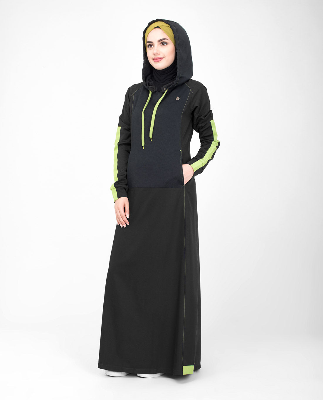 Black & Lime Hooded Jilbab- 1WJBSRRZ0321