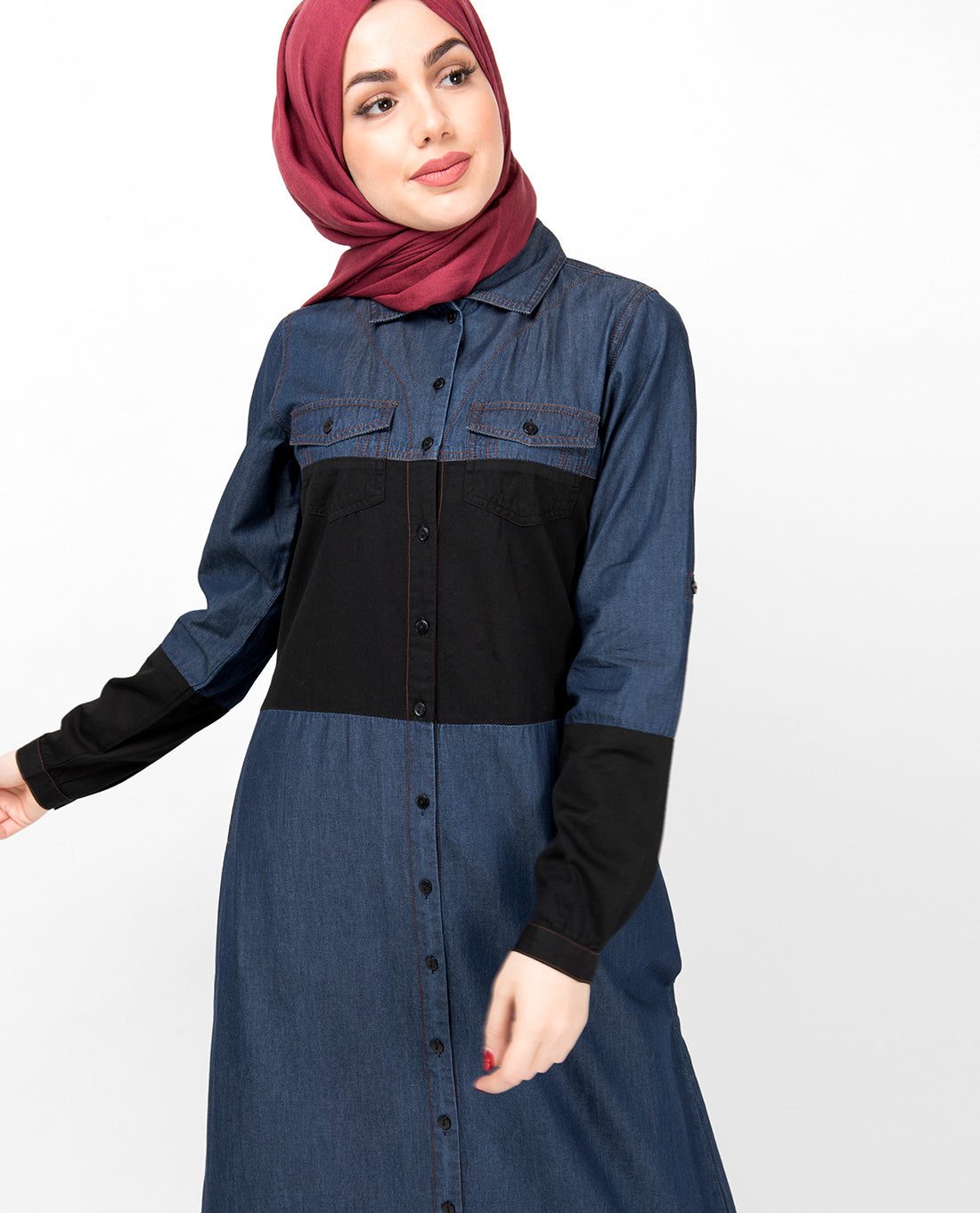 Blue & Black Full Front Open Denim Abaya