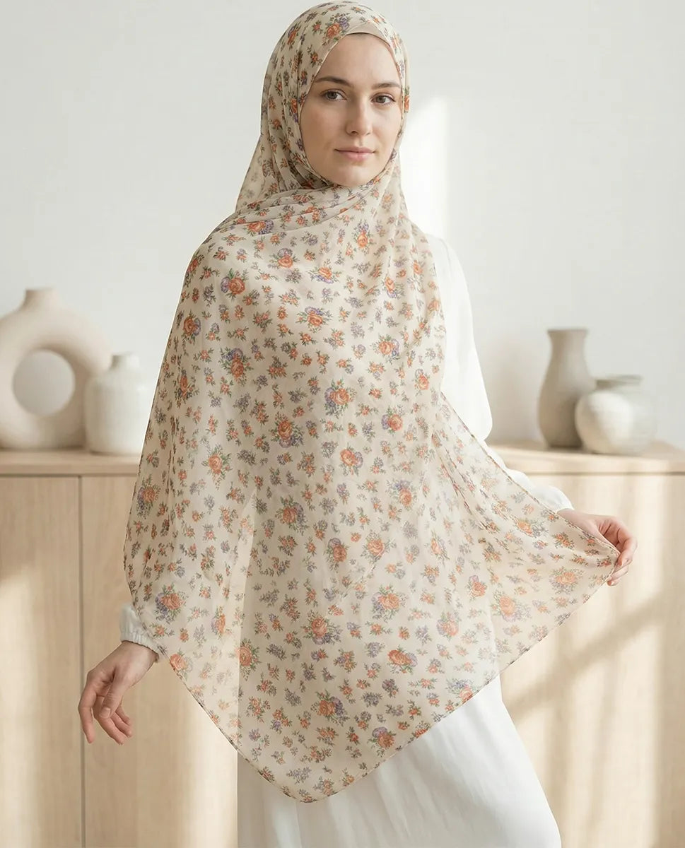 Ivory Bloom – Printed Georgette Hijab