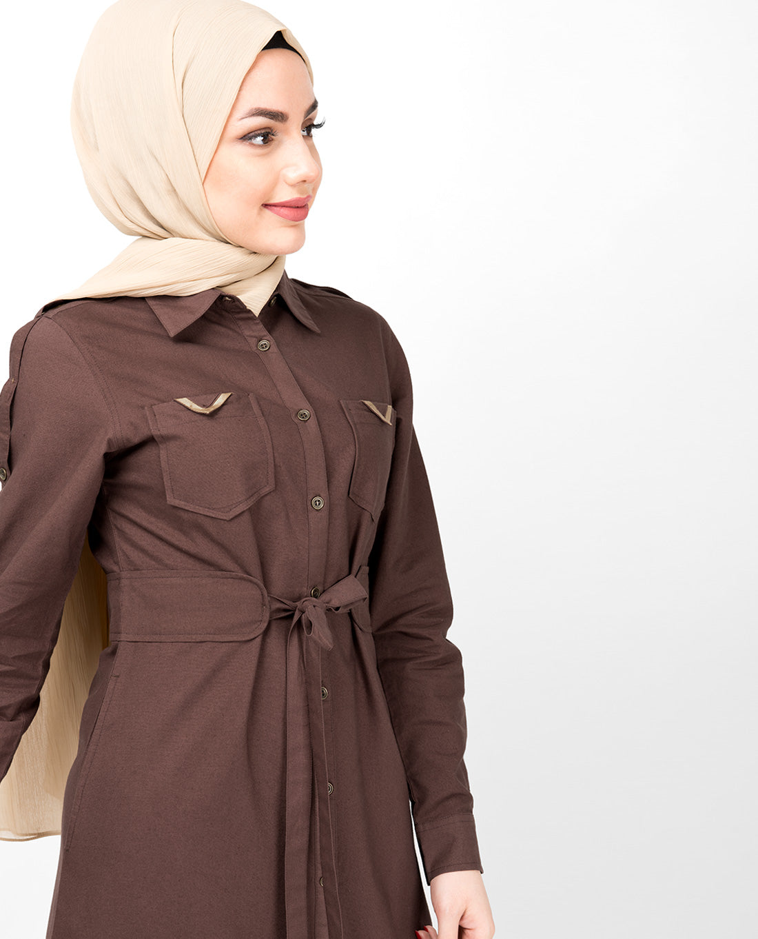 Full Front Open Shirt Collar Mustang Brown Abaya