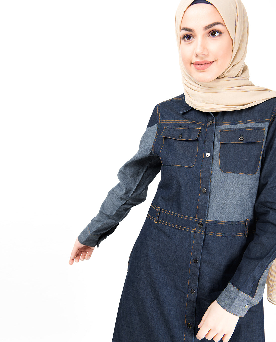 Contrast Chambray Full Front Open Denim Abaya