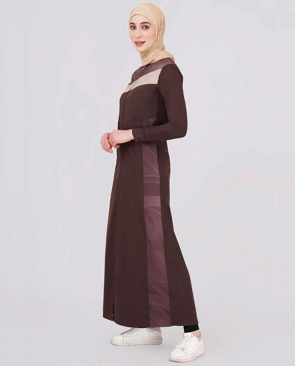 Diagonal Print Full Front Open Brown Jilbab