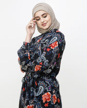 Black Paisley Balloon Sleeve Midi Dress