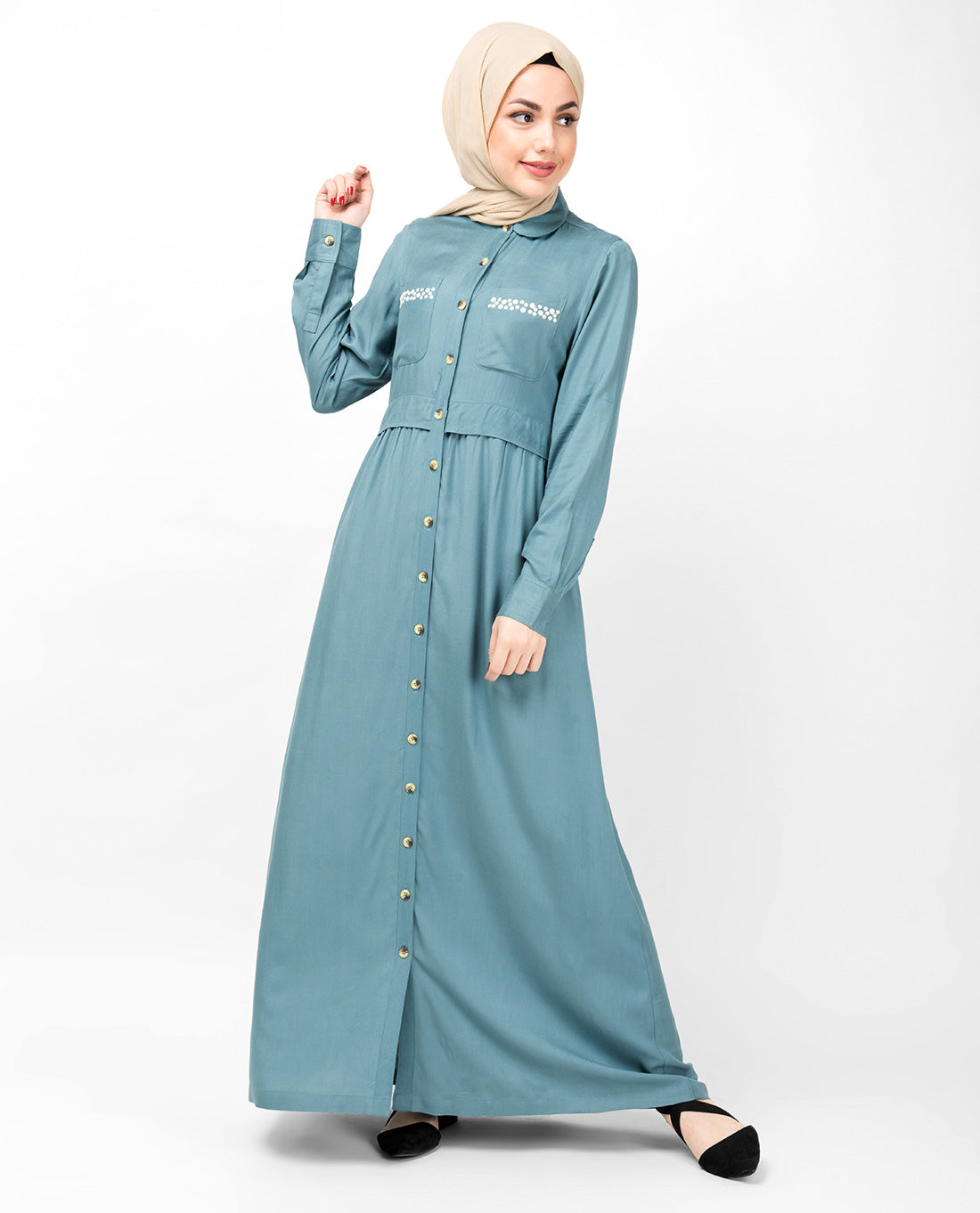 Smoke Blue Full Front Open Layered Abaya