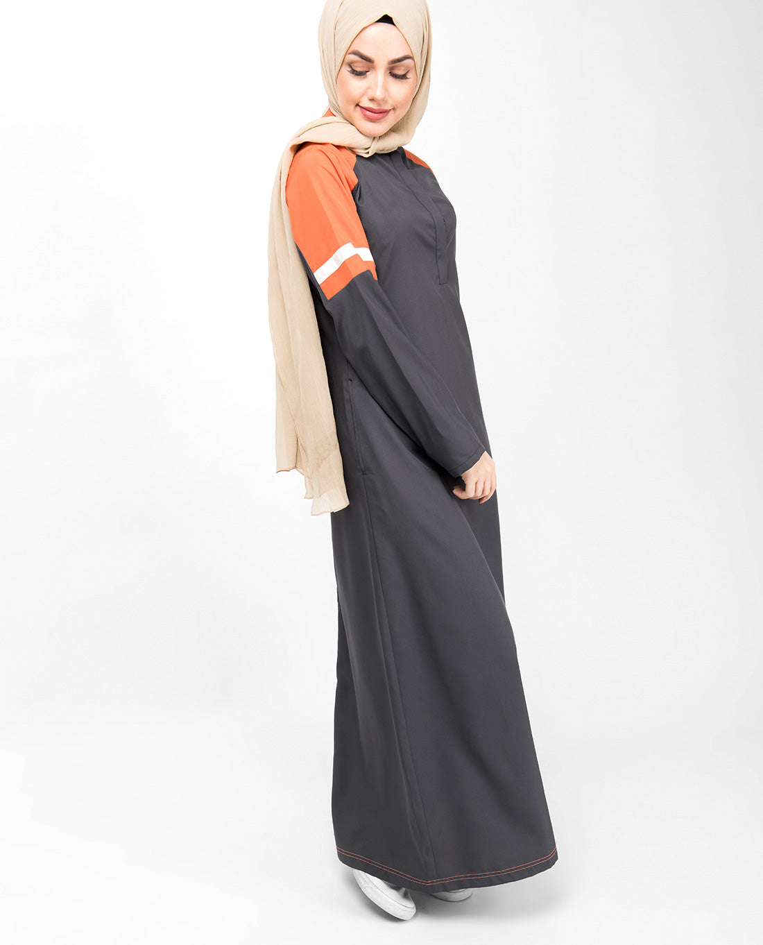 Grey & Orange Raised Neck Jilbab