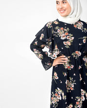 Navy Floral Handkerchief Boat Neck Midi Dress