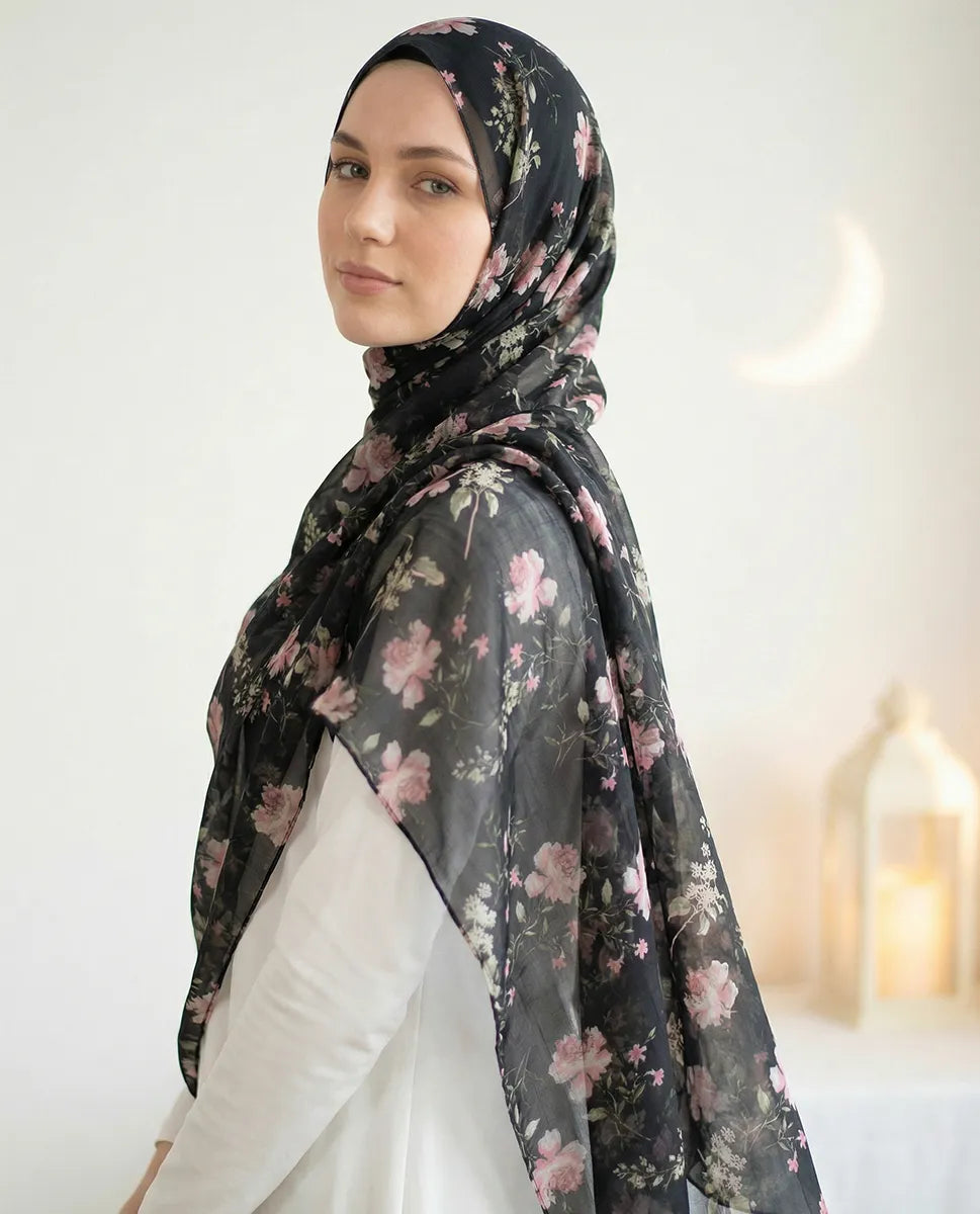 Midnight Blossom – Printed Georgette Hijab