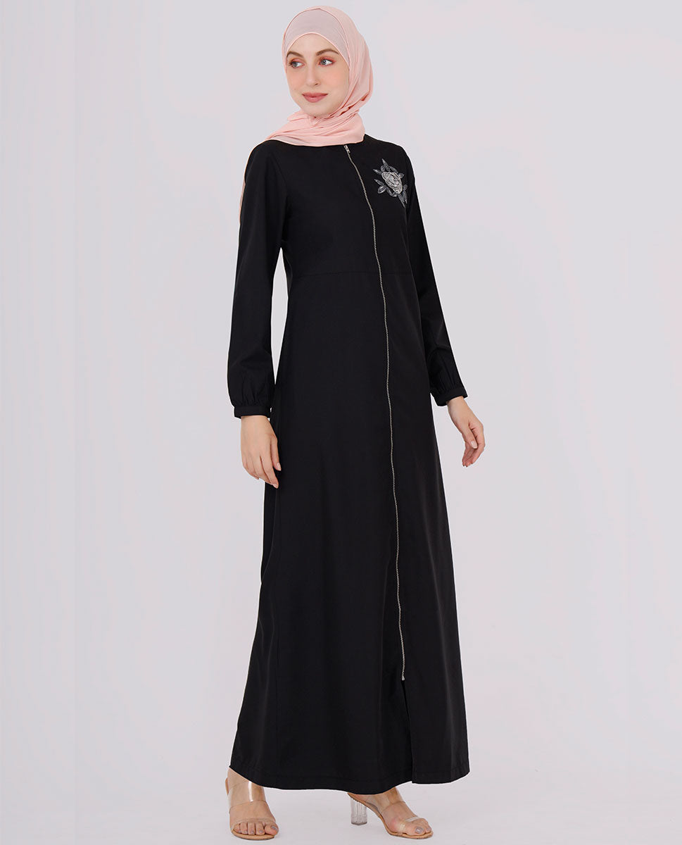 Full Front Open Black Embroidered Jilbab