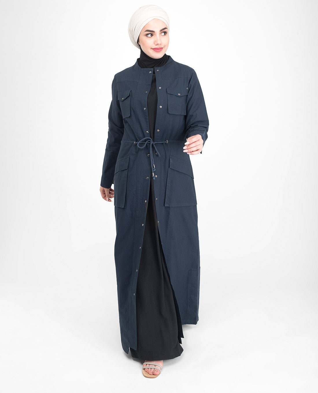 Fully Buttoned Front Open Navy Jilbab