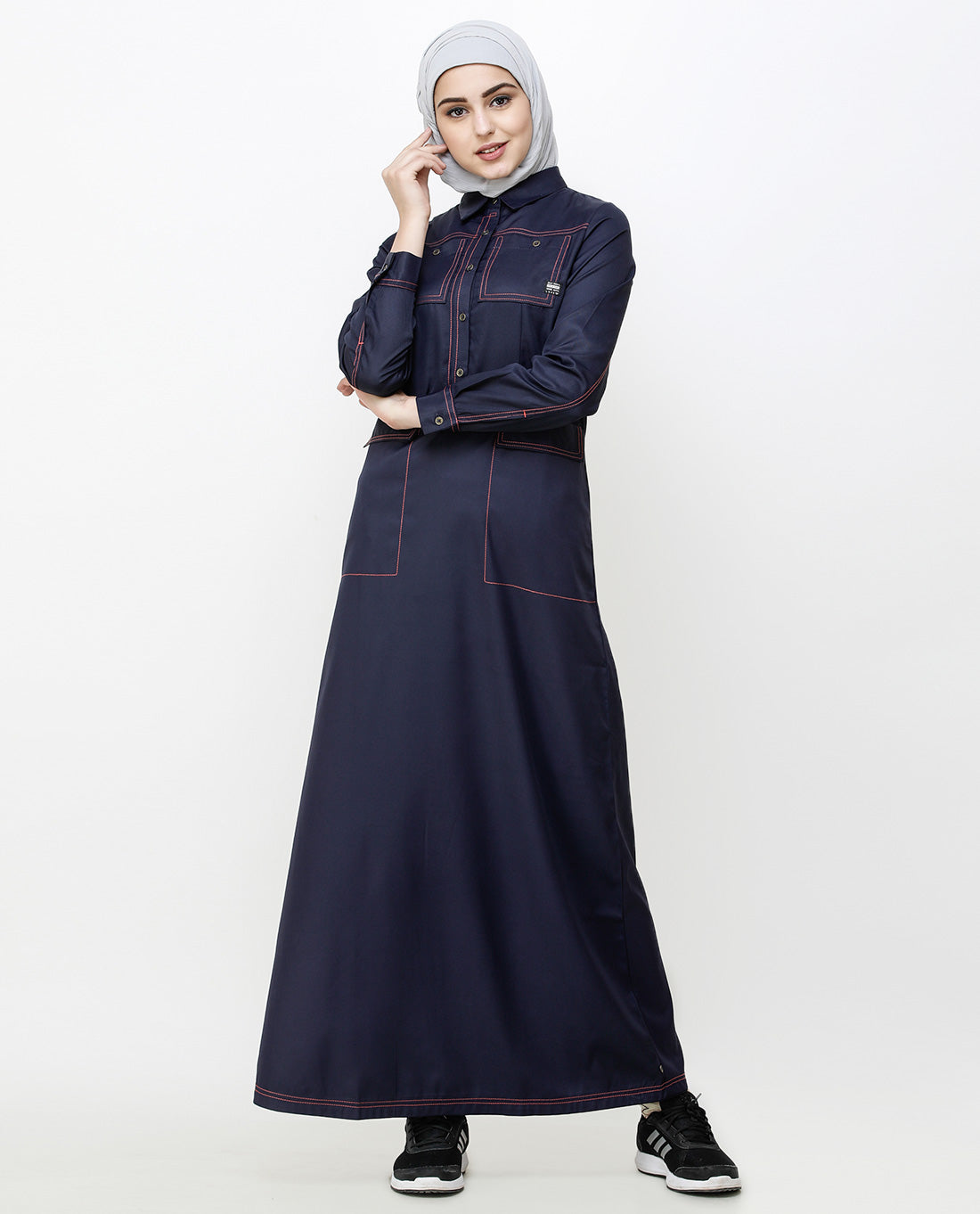 Navy Blue Patch Pockets Buttoned Jilbab