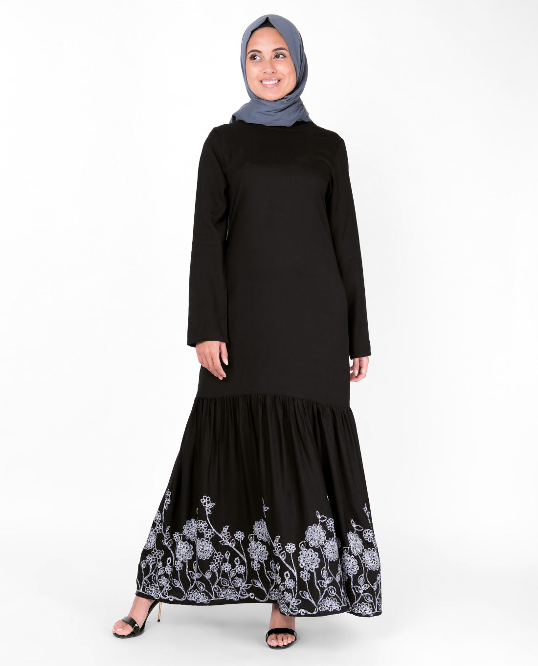 Black Floral Print Gathered Abaya