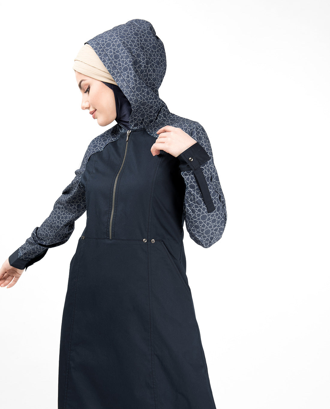 Blue Denim Hoodie Printed Abaya