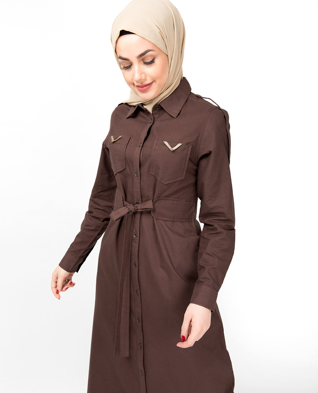 Full Front Open Shirt Collar Mustang Brown Abaya