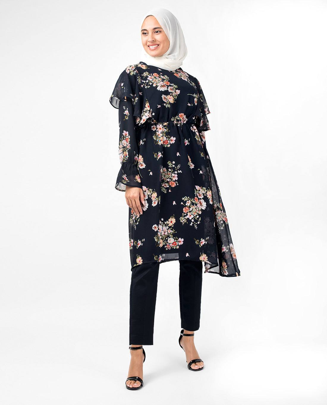 Navy Floral Handkerchief Boat Neck Midi Dress