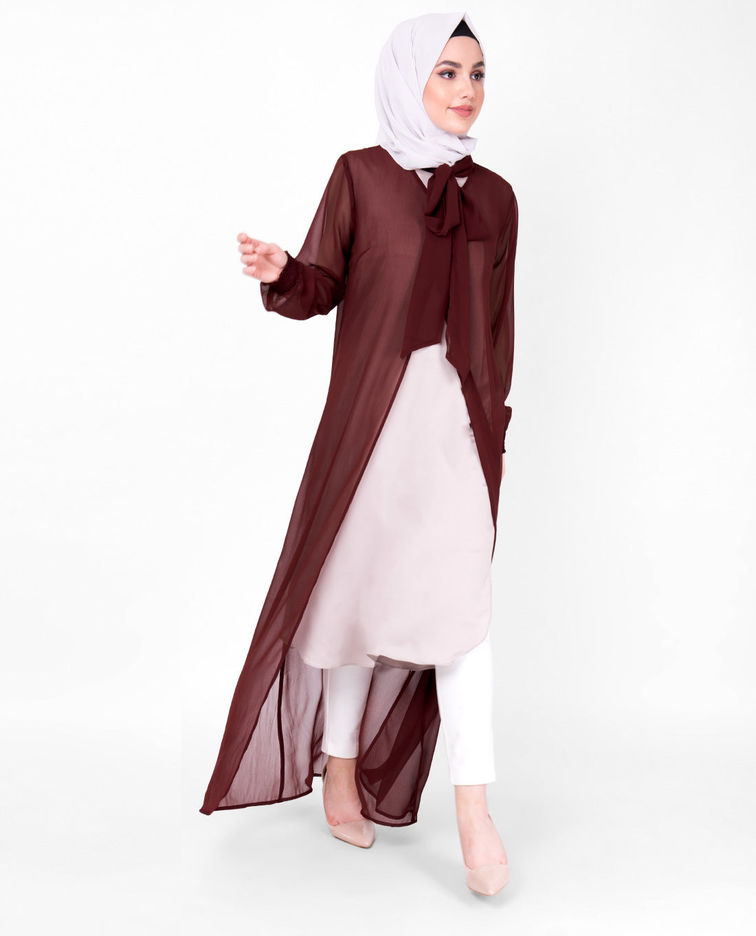 Maroon Gathered Neck Sheer Outerwear