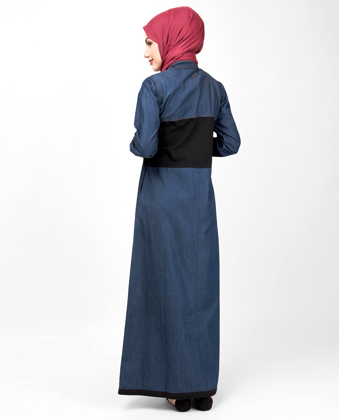 Blue & Black Full Front Open Denim Abaya