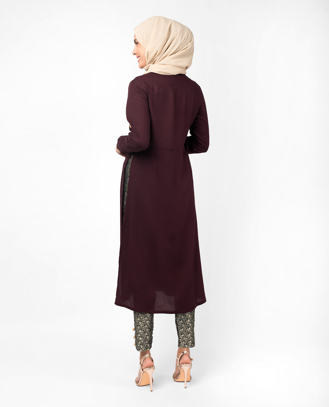 Maroon Long Side Slit Box Pleat Midi